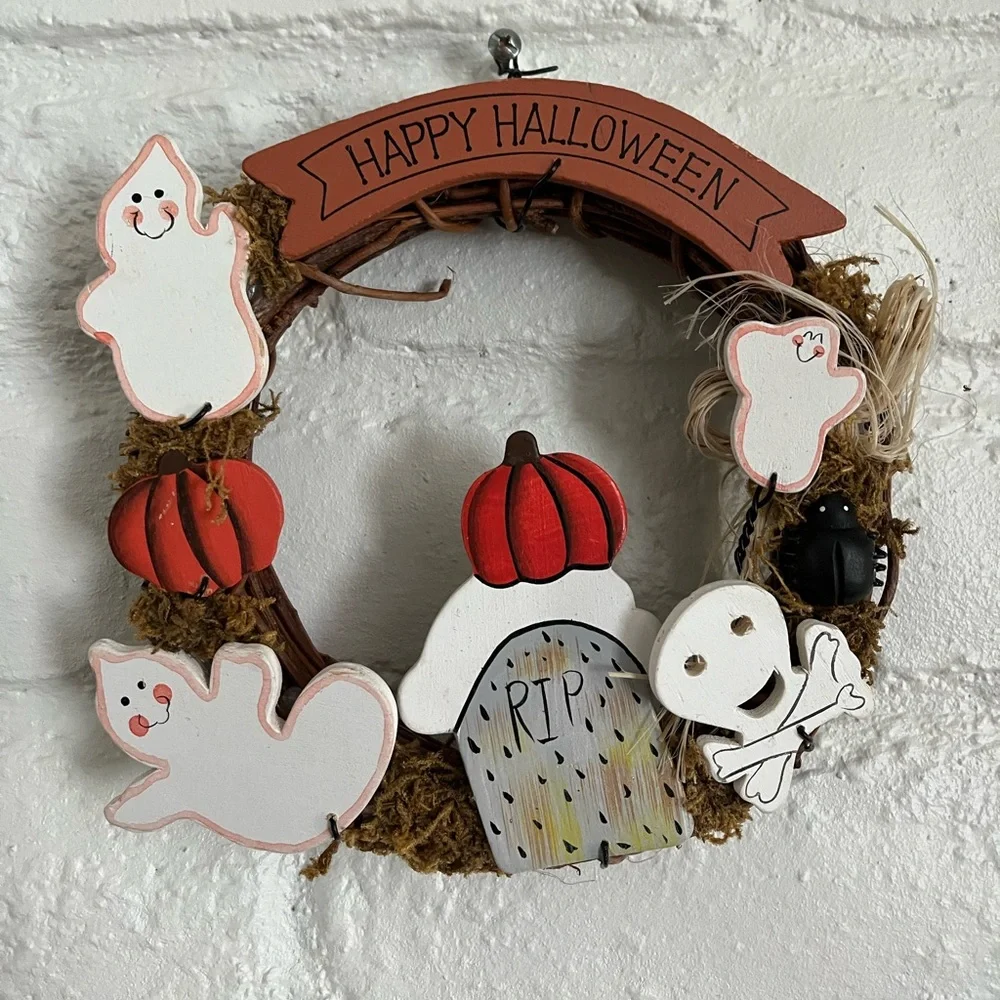 Happy Halloween Grapevine Wreath Holiday Home Decor Ghost Pumpkin